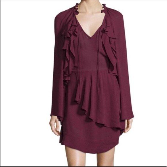 IRO Womens Size US 6 Salene Ruffle Trim Mini Dress Burgundy - Picture 1 of 8